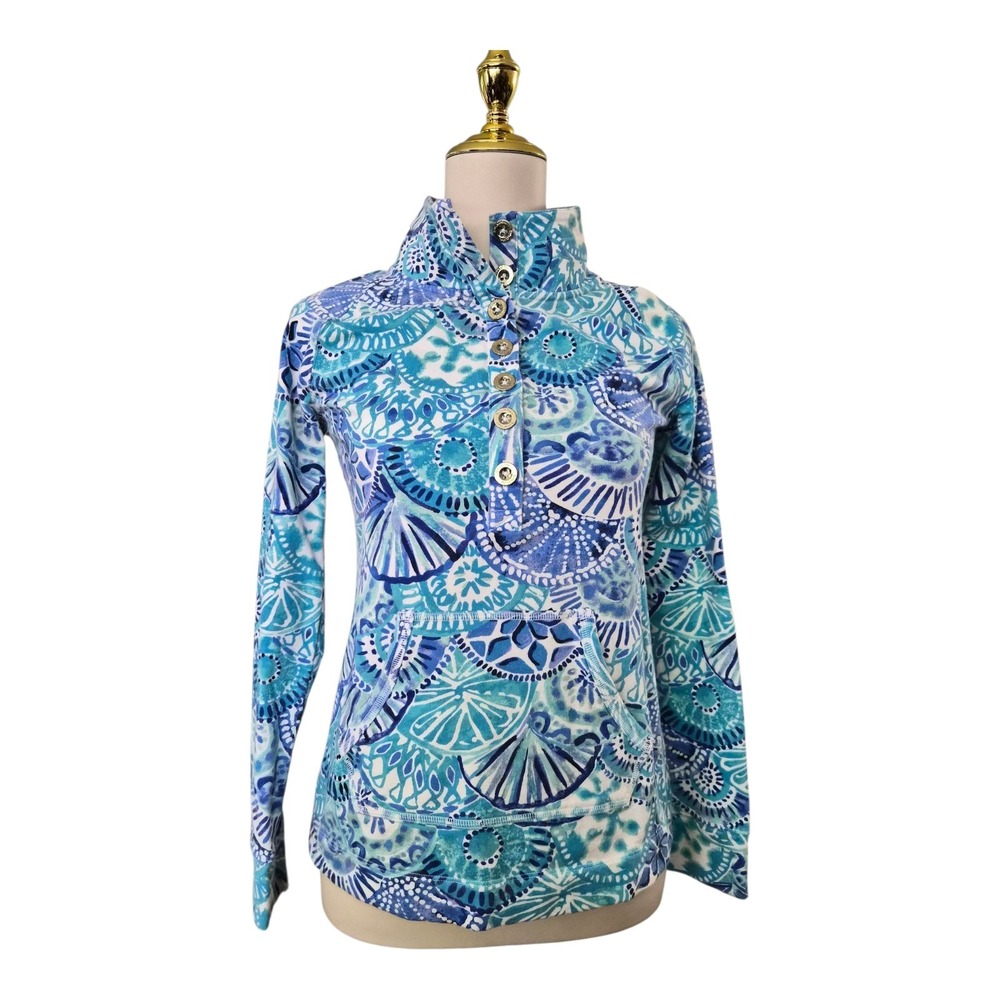 Lilly Pulitzer Skipper Popover Pullover Blue Green Seashell Print Half Zip Sweat